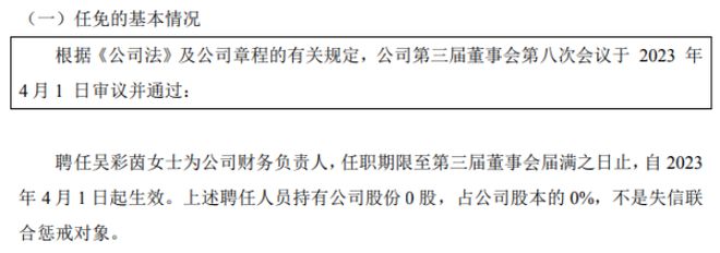 江南·体育(JN SPORTS)官方网站ST达茵聘任吴彩茵为公司财务负责人 20(图1)